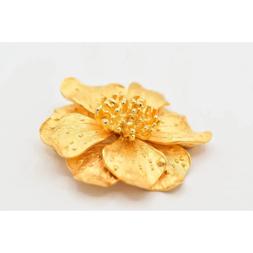 KJL Vintage Dogwood Flower Pin Brooch Brushed Gold Matte Chunky Signed 80s BinBK